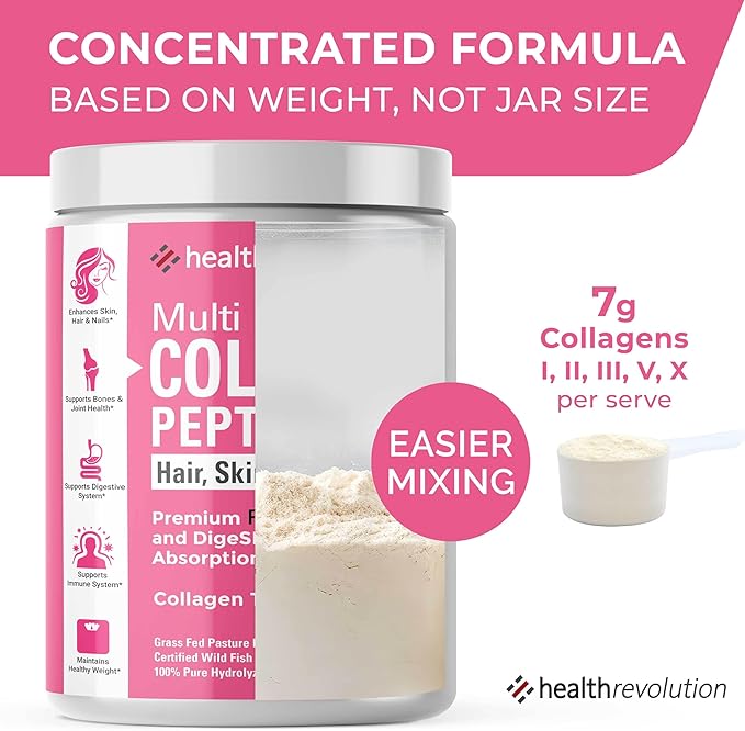 Multi Collagen Peptides Powder – Types I, II, III, V, X, Hydrolyzed Collagen for Women, 99% Absorption, Skin Hair Nails Joints, Triple Refined - No Clumping, Non-GMO, Gluten Free, Grass Fed Unflavored
