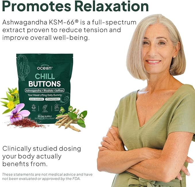 Organics Ocean Chill Buttons – Natural Ashwagandha Gummy Supplement with Organic KSM-66, Saffron & Rhodiola Rosea – Supports Relaxation, Mood, Focus & Energy - 3-Pack, 180 Count