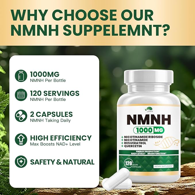 NMNH(Dihydronicotinamide Mononucleotide),NMNH Supplement 1000mg Pure Nicotinamide Mononucleotide,NAD High Purity Supplement Alternative,for Energy,Focus,Non-GMO, Gluten Free,120 Capsules(Pack of 2)
