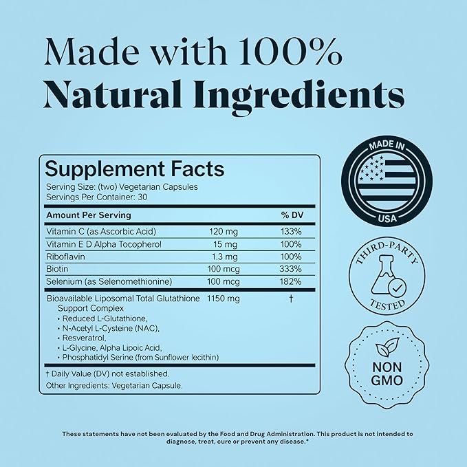 11-in-1 Liposomal Glutathione Supplement 1150mg - High Absorption Complex with Vitamin C, NAC & Resveratrol - Supports Skin Brightening, Detox, Immune & Liver Health - 60 Capsules