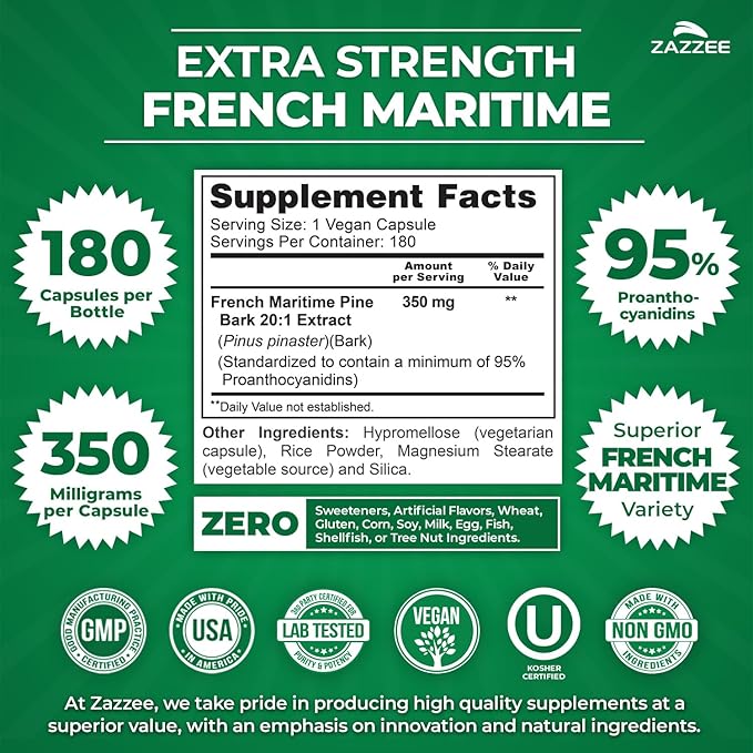 Zazzee Extra Strength French Maritime Pine Bark Extract 20:1, 350 mg Per Capsule, 95% Proanthocyanidins, 180 Vegan Capsules, 6 Month Supply, Certified Kosher, Antioxidant Support, Non-GMO, Made in USA