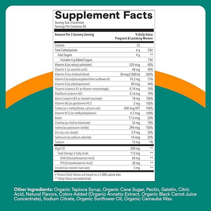 SmartyPants Prenatal Multivitamin Gummies with Omega 3 DHA/EPA, Methylfolate, Biotin, Vitamins D3, C, B12, B6, A, K, and Zinc, Gluten Free, Clean Label, Two Fruit Flavors, 90 Gummies (30 Day Supply)