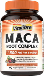 Maca Root Capsules for Women & Men, 1500 mg Maca Root Per Serving, with Black Pepper for Max Absorption, 95% Piperine, Vitality, Mood, Metabolic Support, 90 Capsules