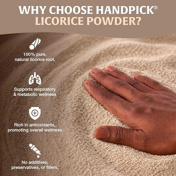 HANDPICK Licorice Root Powder (226g/8oz) Non GMO, Gluten Free, 100% Raw Ground Mulethi, Sourced from India, Glycyrrhiza Glabra, Packed in Resealable Ziplock Pouch