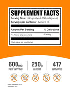 BulkSupplements.com R-Alpha Lipoic Acid Powder - R-ALA Supplement, R Alpha Lipoic Acid 200mg - Antioxidants Supplement, Gluten Free, 200mg per Serving, 250g (8.8 oz) (Pack of 1)