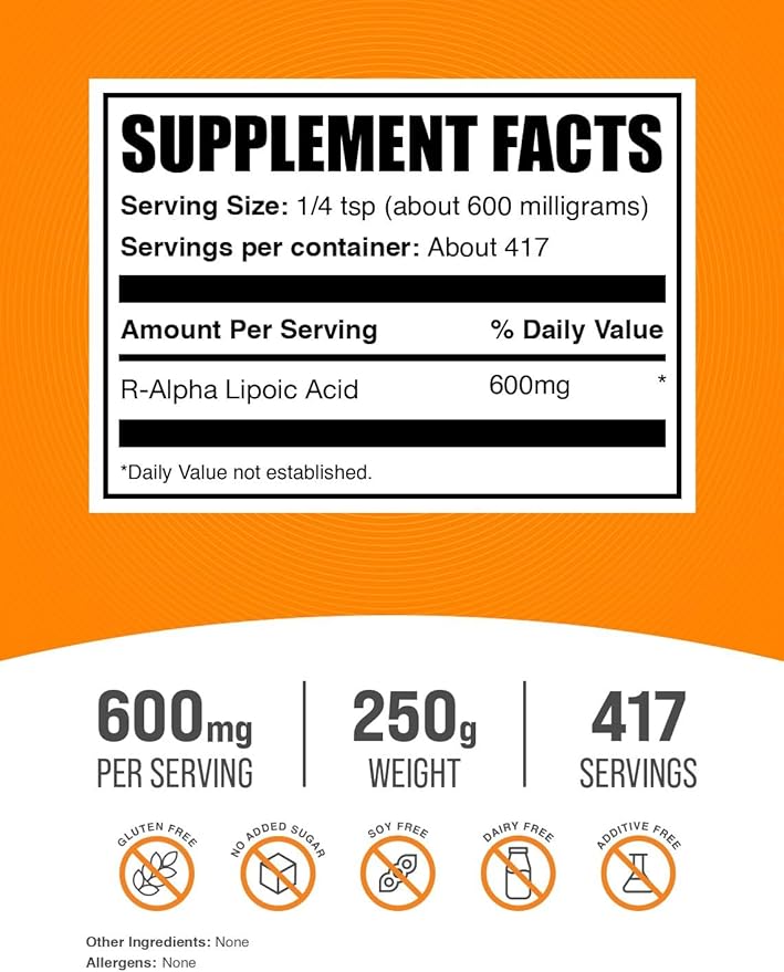 BulkSupplements.com R-Alpha Lipoic Acid Powder - R-ALA Supplement, R Alpha Lipoic Acid 200mg - Antioxidants Supplement, Gluten Free, 200mg per Serving, 250g (8.8 oz) (Pack of 1)