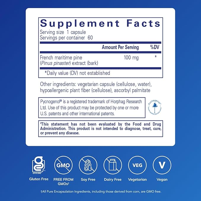 Pure Encapsulations Pycnogenol 100 mg | Hypoallergenic Supplement to Promote Vascular Health and Provide Antioxidant Support | 60 Capsules