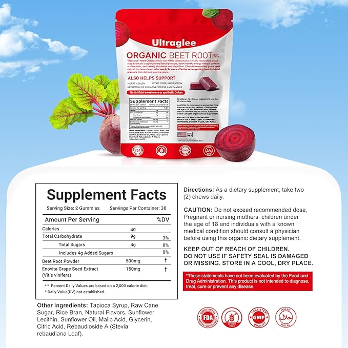 Beet Chews,Beetsroot Heart, Nitric Oxide Support Soft Beets Heart Chews,Grape Seed Extract &Beet Root Powder Energy Supplement,60 (Pomegranate Berry Flavor)
