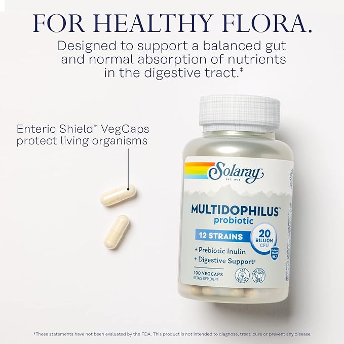 Solaray Multidophilus 12 Strain Probiotic 20 Billion CFU, Probiotics for Digestive Health for Women and Men, Daily Gut Health Support Complex with Prebiotic Inulin, No Dairy - 100 VegCaps