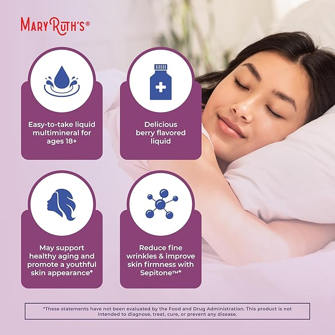 MaryRuth's Liquid Nighttime Liquid Multimineral + Skin Renew | Clinically Shown in Women to Reduce Fine Wrinkle & Improve Skin Firmness | Sepitone | NO Melatonin | Magnesium | Vegan | 15 Servings