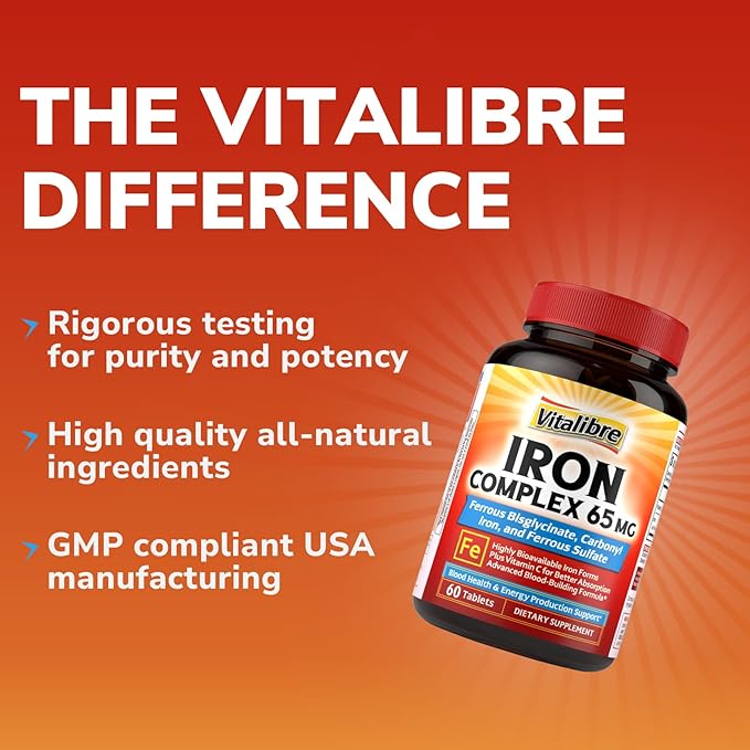 Iron Supplement, 3-in-1 65mg Iron Complex Ferrous Bisglycinate, Sulfate, Carbonyl Iron with Natural Vitamin C, Stomach Friendly Iron Pills for Blood Building, High Absorption, Non GMO, 60 Vegan Tabs