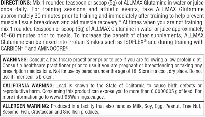 ALLMAX L Glutamine Powder 1000g, Fermented L-Glutamine Powder Pure, Unflavored Glutamine Supplement for Gut Health, Recovery & Immune Support, Vegan, Gluten Free