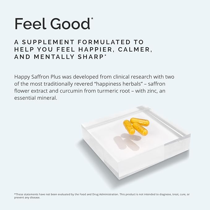 BRAINMD Dr Amen Happy Saffron Plus - 90 Capsules - with Saffron Flower Extract, Curcumin & Zinc - Vegan, Gluten Free - 30 Servings