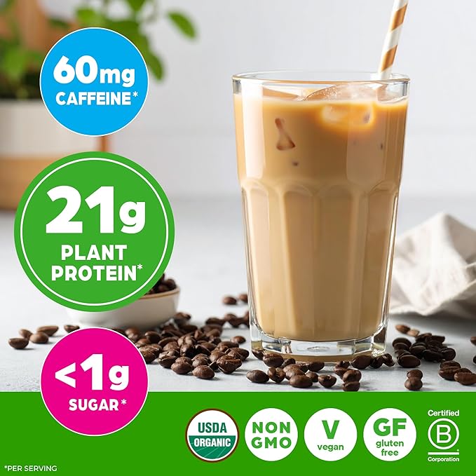 Orgain Organic Vegan Protein Powder, Iced Coffee - 21g Plant Protein, 60mg of Caffeine, Low Net Carb, No Lactose Ingredients, No Added Sugar, Non-GMO, For Shakes & Smoothies, 2.03 lb