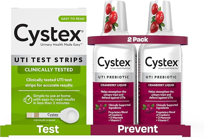 Cystex Urinary Tract Infection Support Cranberry Prebiotic Supplement for UTI Protection & Urinary Health Maintenance, D-Mannose & Vitamin C, 7.6 oz (2 Pack) + Cystex Urinary Tract (UTI) Test Strips for Women & Men, FSA HSA Eligible & Approved, at Home...