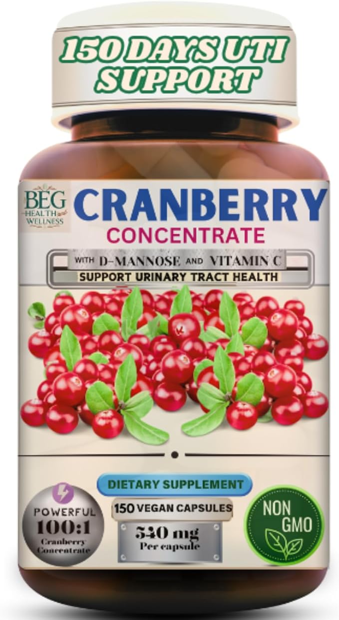 Cranberry Supplement for Women with D-Mannose & Vitamin C – Urinary Tract & Bladder Support – 150 Capsules in Premium Amber Glass Bottle, Vegan, Non-GMO