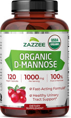 Zazzee USDA Organic D-Mannose, 1000 mg Per Serving, 120 Vegan Capsules, 2 Month Supply, Non-GMO, Urinary Tract & Bladder Support, Potent & Fast-Acting, Lab Tested for Quality & Purity, Made in USA