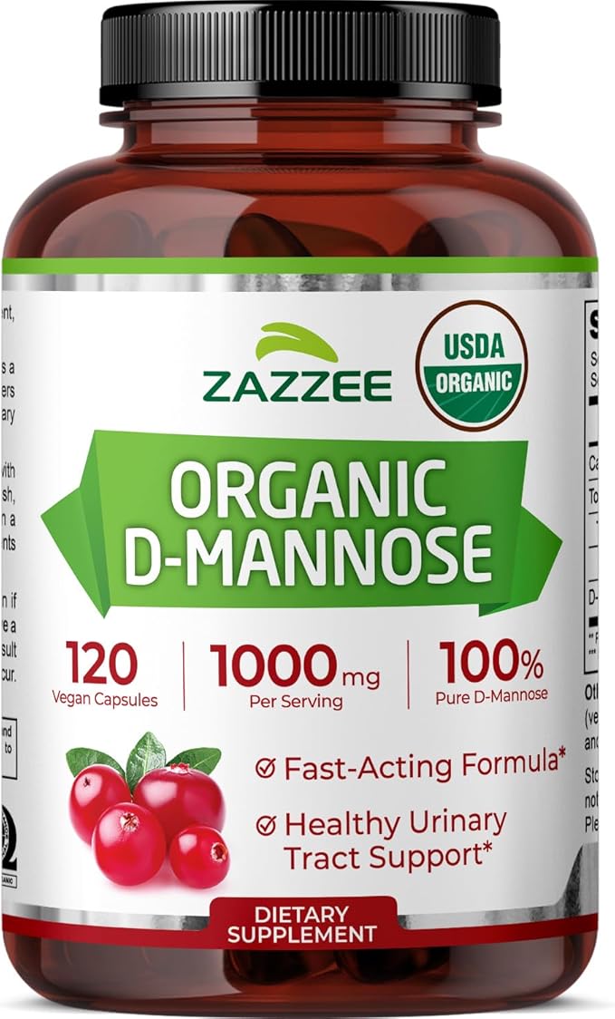 Zazzee USDA Organic D-Mannose, 1000 mg Per Serving, 120 Vegan Capsules, 2 Month Supply, Non-GMO, Urinary Tract & Bladder Support, Potent & Fast-Acting, Lab Tested for Quality & Purity, Made in USA