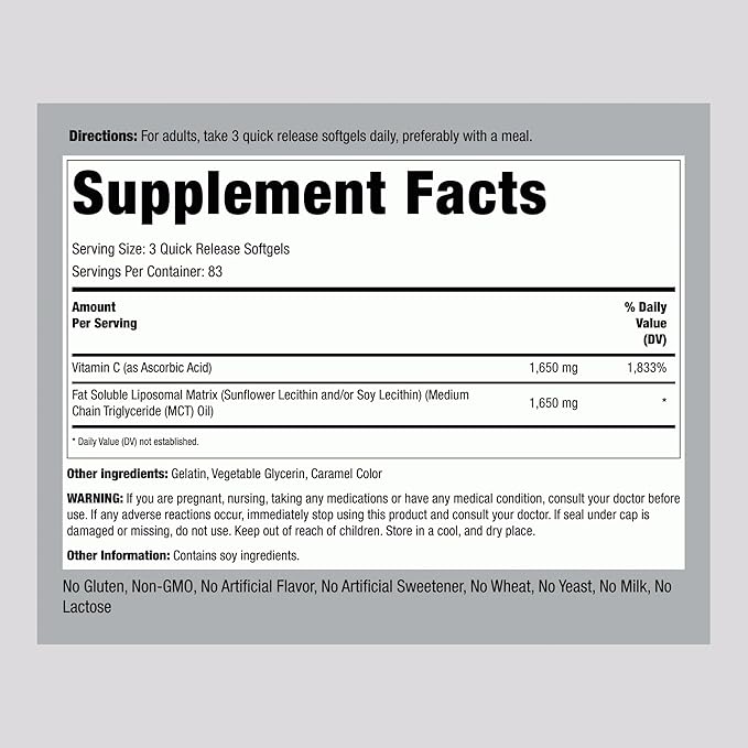 Piping Rock Liposomal Vitamin C | 1650mg | 250 Softgel Capsules | High Potency | Non-GMO, Gluten Free Supplement