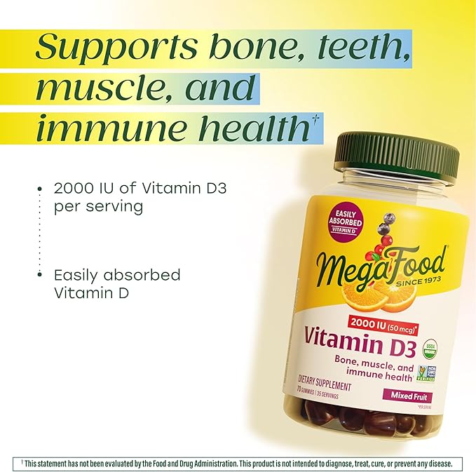 MegaFood Vitamin D3 Gummies 2000 IU (50 mcg) - Vitamin D Gummies Mixed Fruit Flavor, Bone, Muscle & Immune Support Supplement, Vegetarian, Gluten-Free, USDA Organic – 70 Gummies, 35 Servings