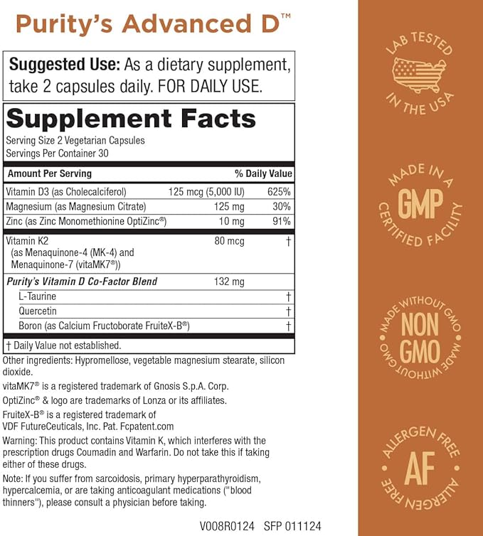 Purity Products Advanced D from Vitamin D3 Super Formula - Packed with Vitamin D, Vitamin K2, Zinc, Magnesium Citrate, Boron and Taurine - 60 Vegetarian Capsules
