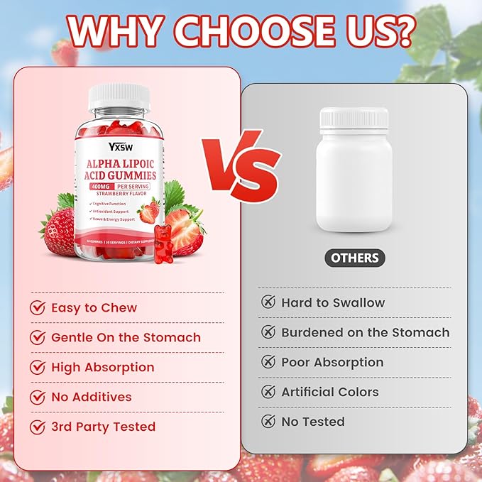 Alpha Lipoic Acid Gummies 400 MG, Chewable R Lipoic Acid Supplement for Antioxidant & Nervous System Support, Sugar Free, Vegan, Strawberry Flavor, 120 Count