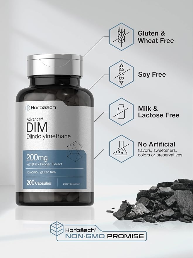 Horbäach DIM Supplement | 200mg | 200 Capsules | Diindolylmethane with Black Pepper Extract | Non-GMO, Gluten Free Formula