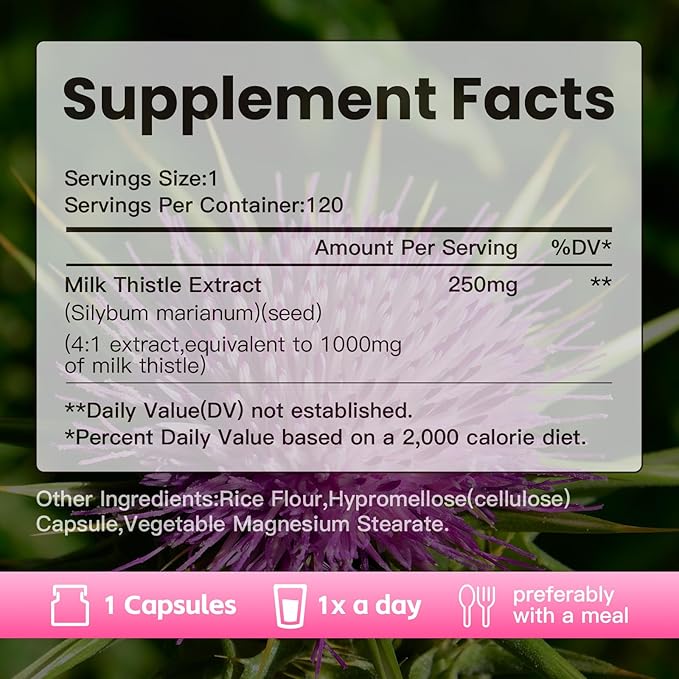 Milk Thistle Supplement1000mg,Max Strength Silymarin 4:1 Concentrated Extract,Support Immune, Non-GMO & Vegan - 120 Capsules,4 Months Supply