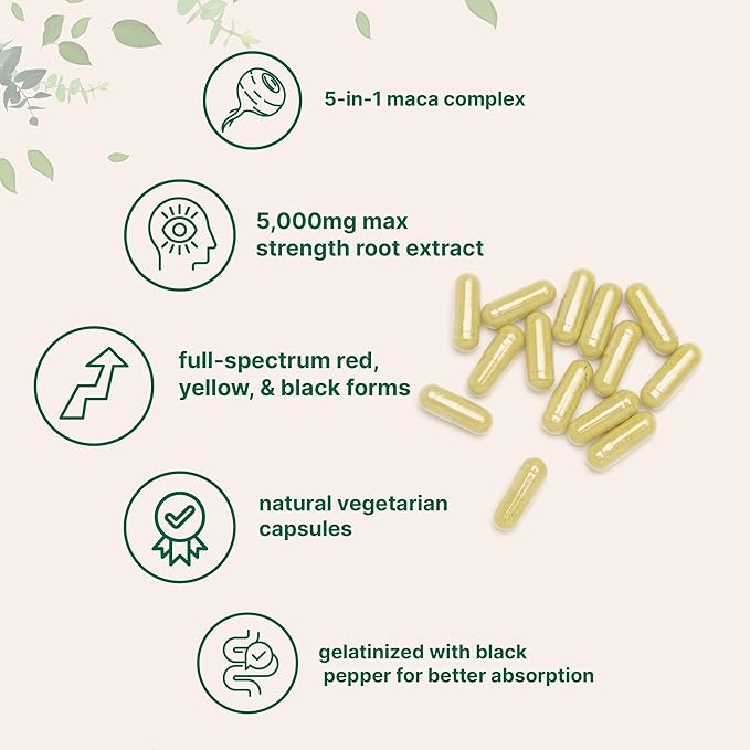 Maca Root Capsules for Women & Men 5,000mg | 240 Veggie Capsules with Ashwagandha, Red, Black, Yellow Maca Root, Panax Ginseng, Tongkat Ali & Black Pepper