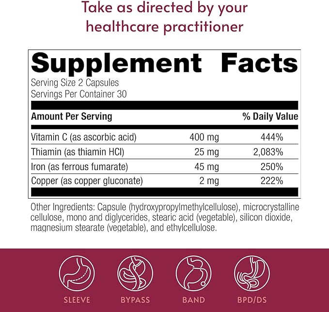 Bariatric Advantage Iron 45 mg with Vitamin C, Thiamin & Copper - Increased Absorption and Utilization - Easily Digestible for Bariatric Patients - 60 Count