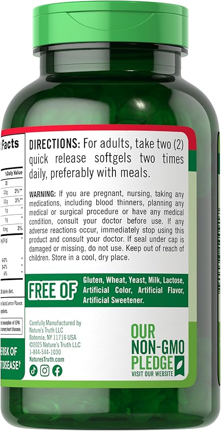 Nature's Truth Burpless Fish Oil 2400mg | 250 Softgels | 720 mg Omega 3 | Natural Lemon Flavor Pills | Non-GMO & Gluten Free Supplement
