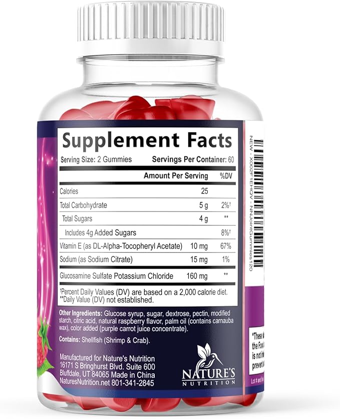 Joint Support Gummies - Glucosamine Plus Vitamin E Nature's Joint Support Supplement for Occasional Discomfort for Back, Knees & Hands - Cartilage & Joint Health & Flexibility Support - 120 Gummies