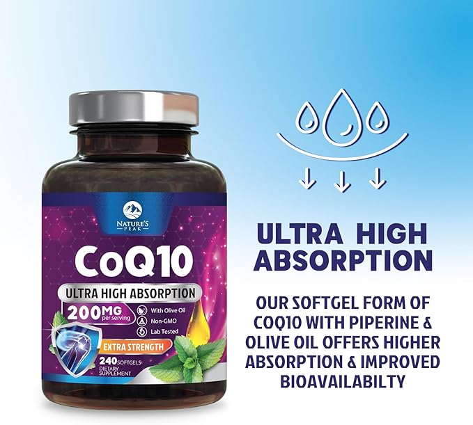 CoQ10 Softgels - Ultra High Absorption Coenzyme Q10 200mg Per Serving - Co Q 10 Softgel Supplement With Black Pepper, Energy & Heart Support Antioxidant - for Women & Men, Bottled USA - 240 Softgels