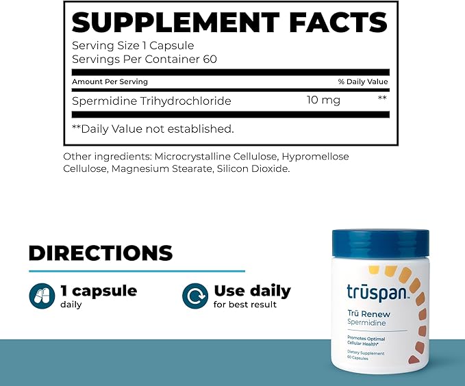 TruSpan Tru Renew Spermidine Capsules, Cellular Level Support, 10 mg Spermidine Per Serving, 60 Servings