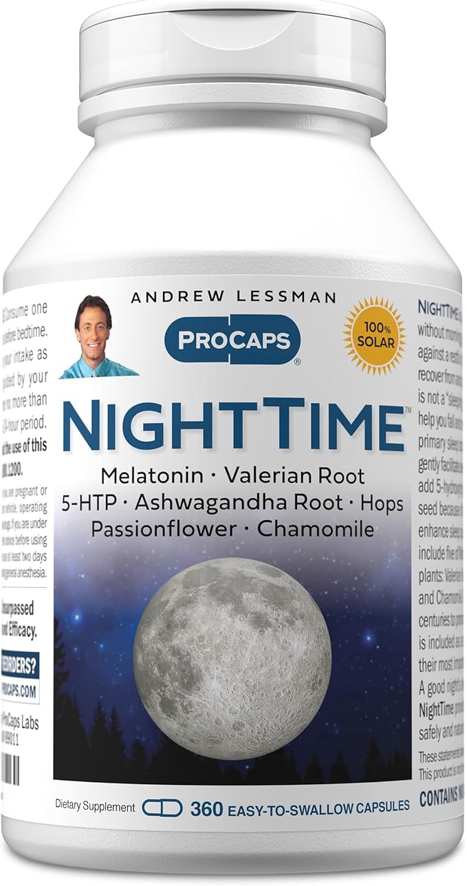 ANDREW LESSMAN Night Time 360 Capsules - 3mg Melatonin, Valerian, Ashwagandha, Passionflower, Hops, Chamomile. No Morning Grogginess. Natural Support, Gentle Restful Sleep. Easy to Swallow Capsules
