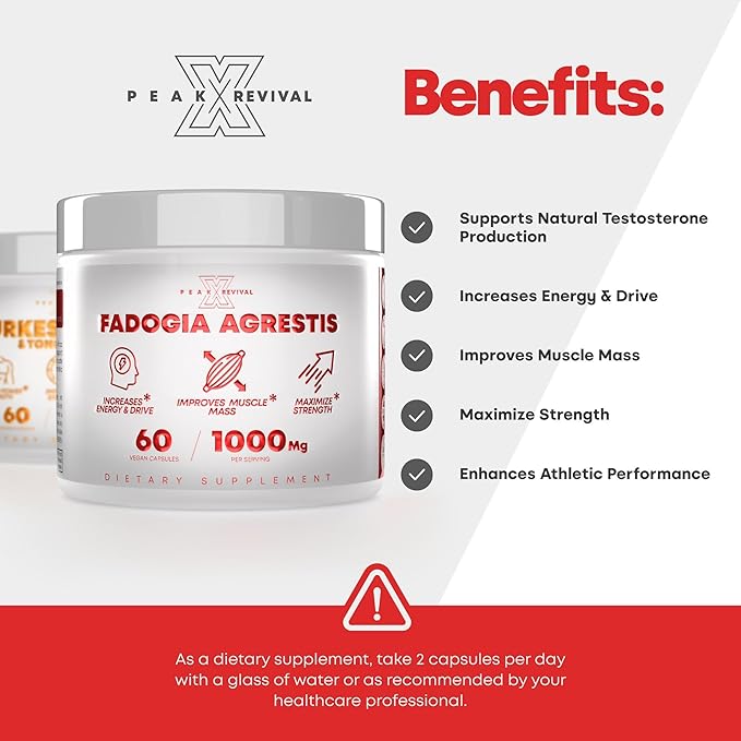Testosterone Booster for Men with Fadogia Agrestis 1000mg Per Serving - Improve Natural Testosterone production, Increase Energy and Muscle Growth - Testosterone Supplement for Men (60 Capsules)