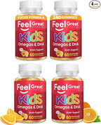 Feel Great Vitamins Kids DHA Gummies with Omega 3 6 9, Vitamin C | Supports Healthy Brain Function, Vision & Heart Health | Gluten Free, Vegetarian | 4 Pack
