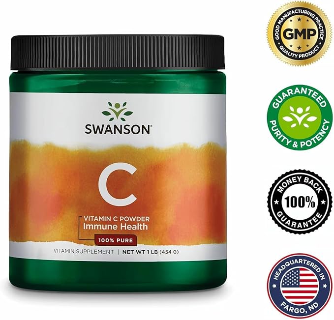 Swanson Vitamin C Powder 100% Pure Ascorbic Acid, Immune System Support, Skin Health, Cardiovascular Health, Antioxidant Supplement 1000 mg (per Serving) 1 lb. 454 g (3 Pack)