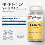 SOLARAY L Lysine 500 mg Capsules - Free-Form Essential Amino Acids Supplement - Powerful Wellness Support with L-Lysine Amino Acid - Lab Verified, 60-Day Guarantee, 60 Servings, 60 VegCaps