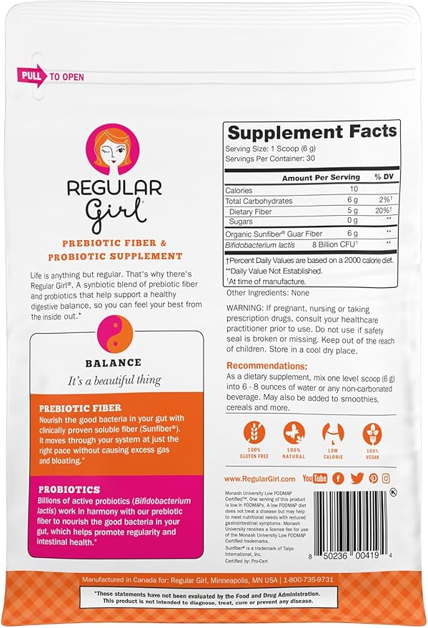 Regular Girl Organic Powder, Prebiotic Fiber Supplement and Probiotics for Women, Low FODMAP, 30 Servings, Unflavored