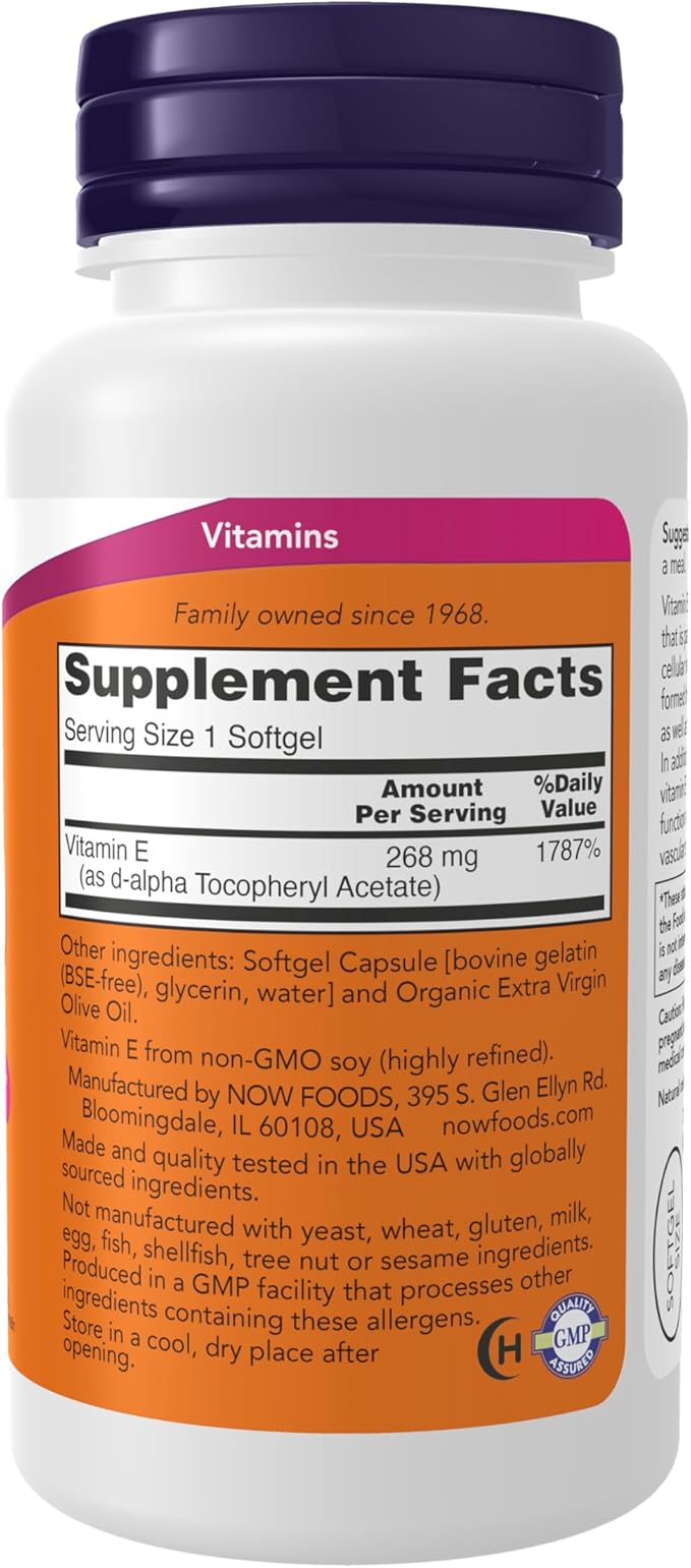 NOW Supplements, Vitamin E-400 IU, D-Alpha Tocopheryl, Antioxidant Protection, Softgels, 100 Count (Pack of 1)