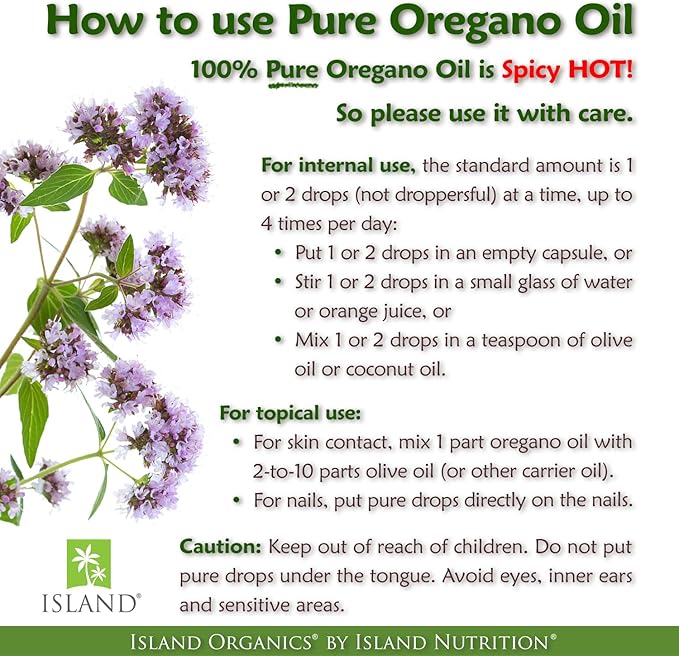 Island Nutrition, Oregano Oil Organic Liquid Drops - 100% Pure & Undiluted - USDA-Certified Organic (1 oz) 75% Carvacrol - Grown in Spain - Immune Support Supplement with Oil of Oregano.