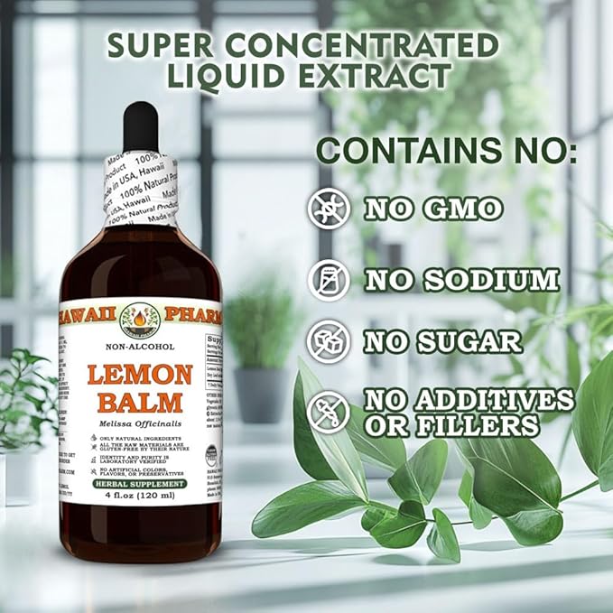 Hawaii Pharm Lemon Balm Alcohol-Free Extract, Glycerite for Relaxation, Supports Restful Sleep, Promotes Mental Clarity and Cognitive Function, Eases Digestive Discomfort - 32 fl.oz