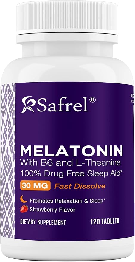 Safrel Melatonin 30mg - with B6 & L-Theanine - 120 Fast Dissolve Tablets with Natural Berry Flavor (2 Tablets Dose = Melatonin 60mg) (120 Count (Pack of 1))
