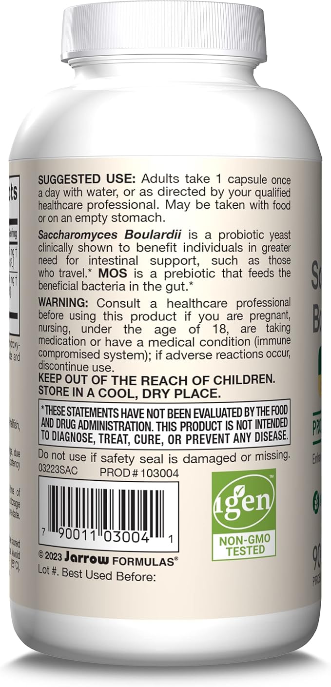 Jarrow Formulas Saccharomyces Boulardii + MOS Probiotics for Digestive Health and Intestinal Tract Support - 5 Billion CFU Per Serving - 90 Delayed Release Caps - Probiotic + Prebiotic - 90 Servings