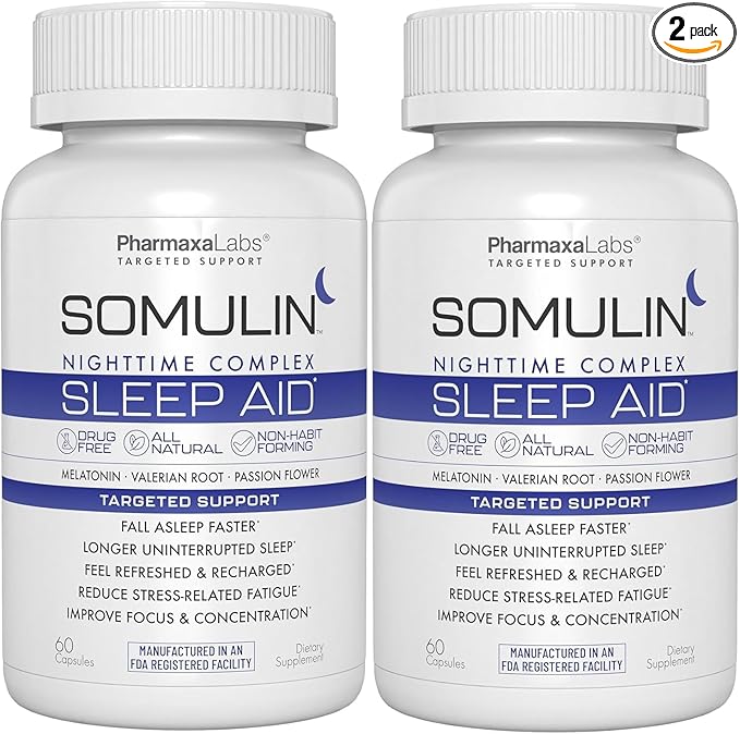 Somulin Nighttime Complex Sleep Aid - Powerful All-Natural Maximum Strength Formula - Fall Asleep & Stay Asleep - Rest & Refresh - Melatonin Valerian Chamomile & 5-HTP - 60 Capsules (Pack of 2)