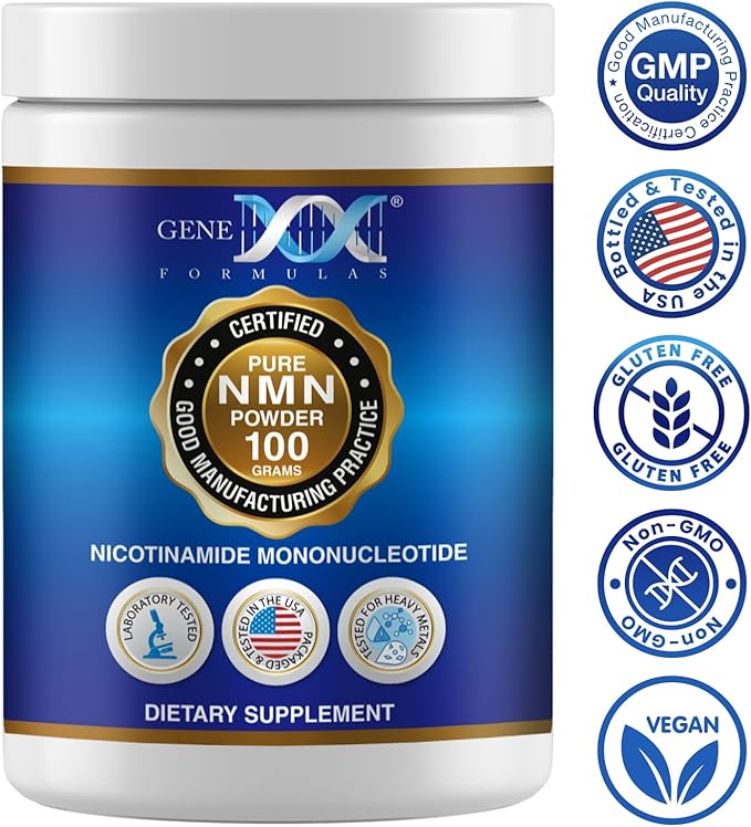 Genex Formulas Pure NMN Powder 100 Grams, Instant Dissolve, Shelf Stable, Non-Synthetic, PVP Free, Ultra-Low Density, 99.9% Pure NMN, Made in a US-Based, GMP, NSF & FSSC 22000 Certified Facility