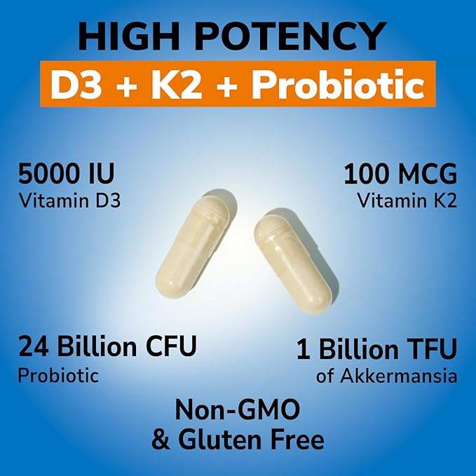 Vitalibre D3 K2 Probiotic Supplement, Vitamin D3 5000 IU & K2 100 mcg, with Probiotics for Women & Men, Akkermansia Muciniphila, Bone, Gut & Immune Support, Non-GMO, Easy to Swallow, 30 Capsules