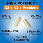 Vitalibre D3 K2 Probiotic Supplement, Vitamin D3 5000 IU & K2 100 mcg, with Probiotics for Women & Men, Akkermansia Muciniphila, Bone, Gut & Immune Support, Non-GMO, Easy to Swallow, 30 Capsules