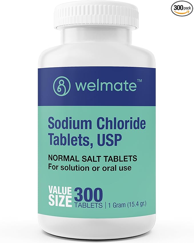 WELMATE - Sodium Chloride (Salt) Tablets - 1000 mg per Tablet - Maintains Hydration & Electrolyte Balance - 300 Count - 15.4 g Total Salt Content - Tablet Form